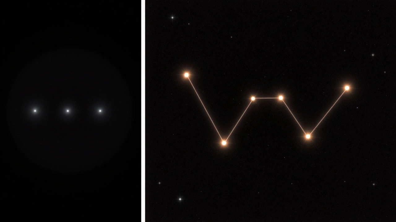 A comparison of narrow vs. wide telescope views, showing rich star fields and recognizable constellations in the wide view.