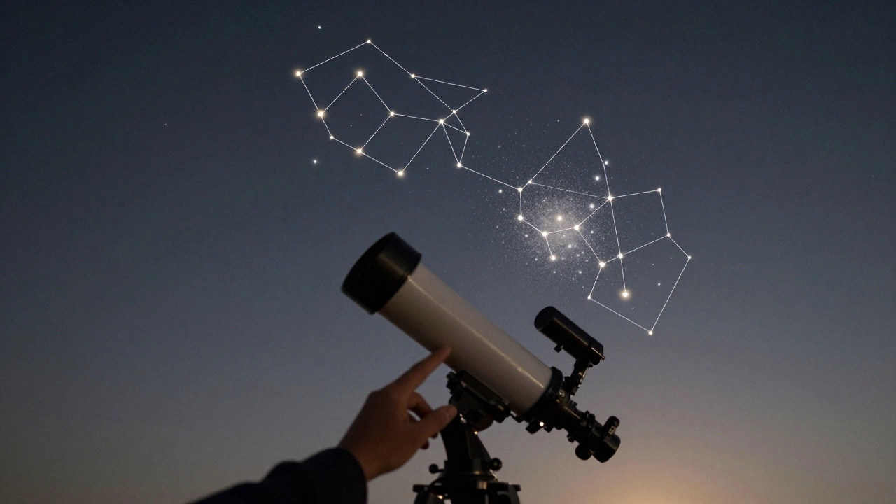 A hand adjusting a telescope under the stars, with glowing celestial patterns overlaying the sky as if mapping the heavens.