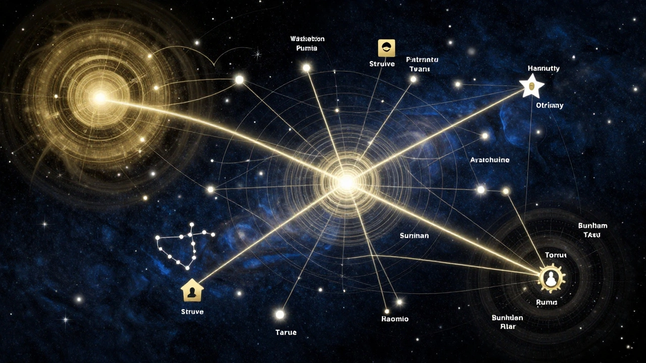 A network of glowing double star data points connects catalogs like WDS, Struve, and Burnham across constellations in a cosmic data visualization.
