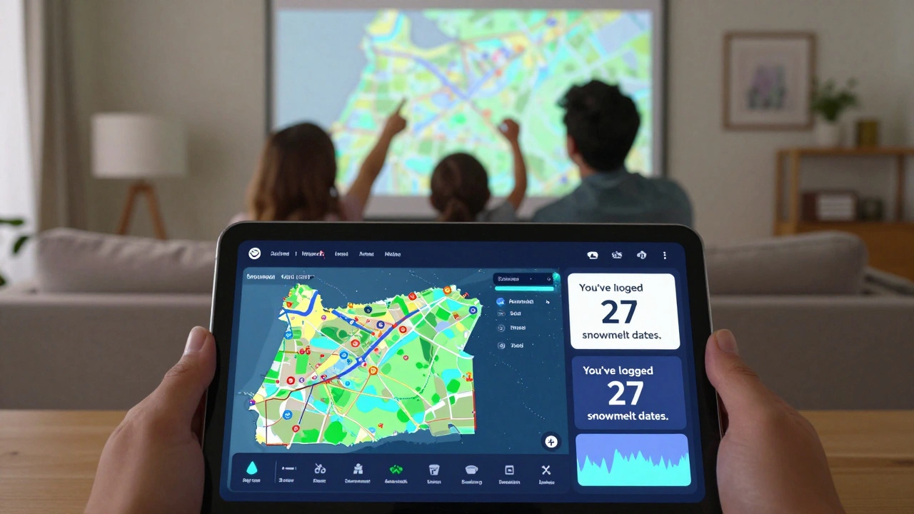 A volunteer views a personal dashboard showing their snowmelt data contributions on a tablet, with a family watching a projected map.