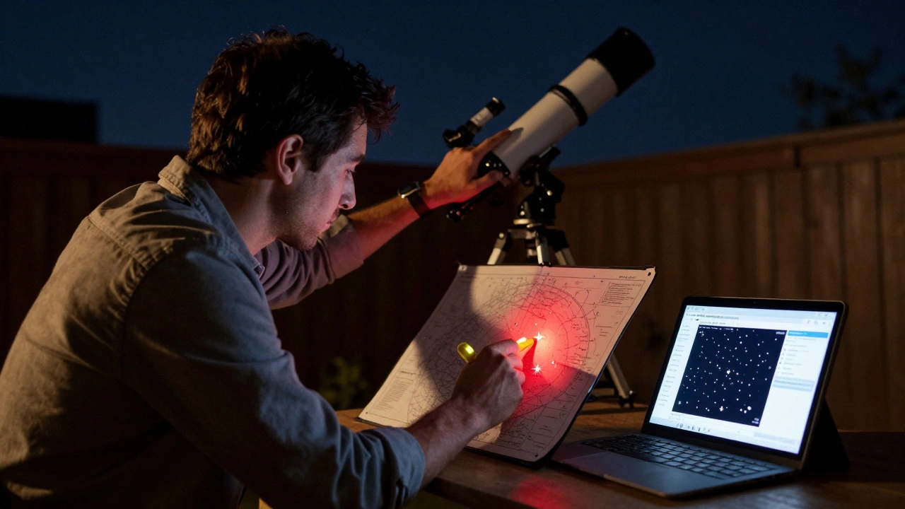An amateur astronomer using a red-light illuminated star chart to identify comparison and check stars for variable star observation.
