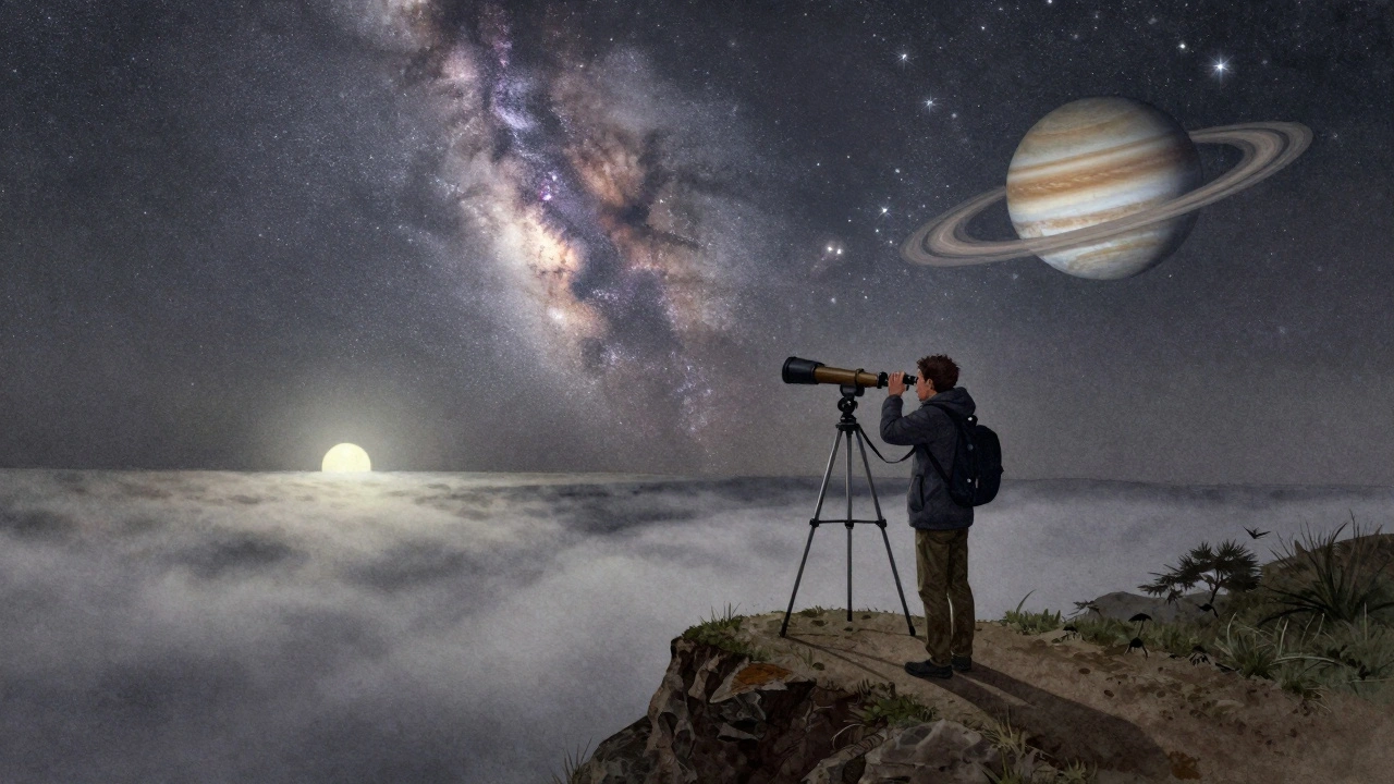 An astronomer on a cliff at 5:30 AM watching stars emerge as fog lifts over the ocean.