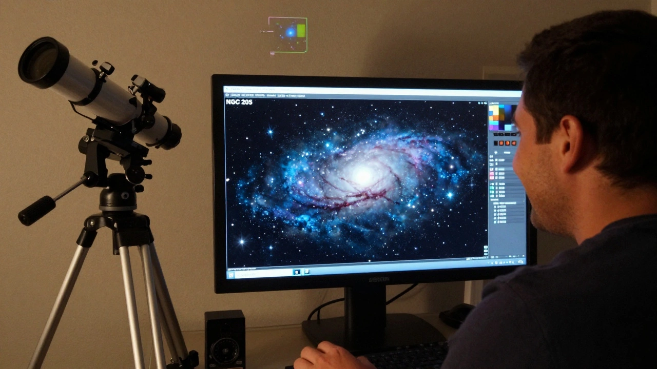 An astronomer viewing a detailed lucky imaging result of galaxy NGC 205 on a monitor, with equipment in background.