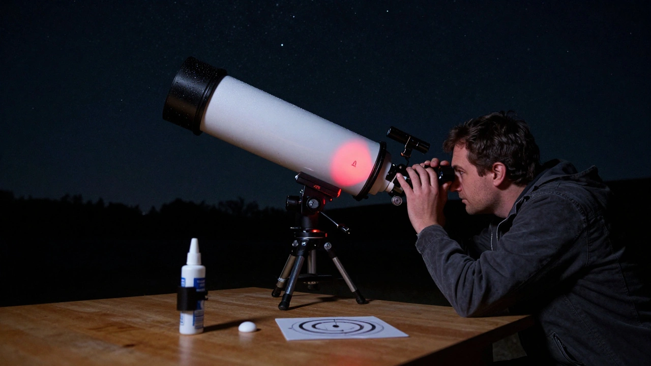 An astrophotographer observing through a telescope's focuser during Barlowed collimation, with a faint red glow revealing the centered mirror shadow under a starry sky.