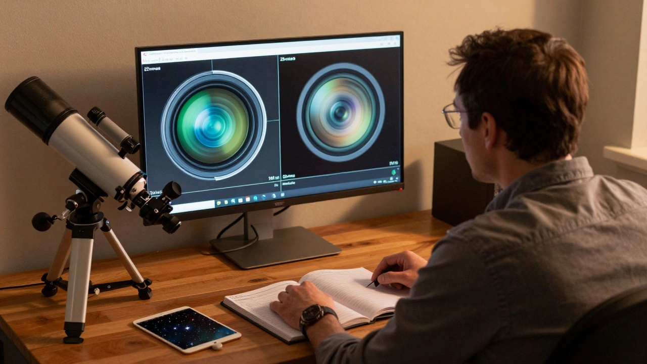 An observer comparing eyepiece simulations on a monitor while a telescope sits nearby, illuminated by warm desk light in a home observatory.