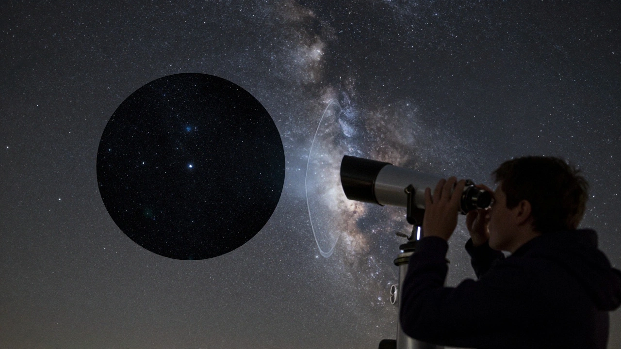 An observer sees a sharp central star and a rotating distorted star at the edge, with a coma corrector nearby.