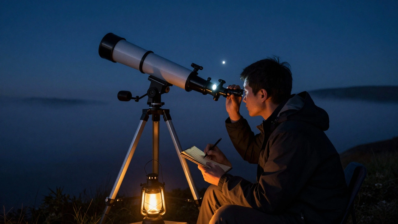 Astronomer taking notes beside a refractor telescope under night sky, observing a sharp star image.