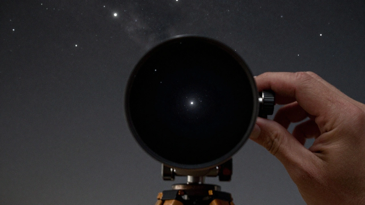 Circular Barnard 68 dark nebula seen through a telescope, sharply defined against a background of dense stars.