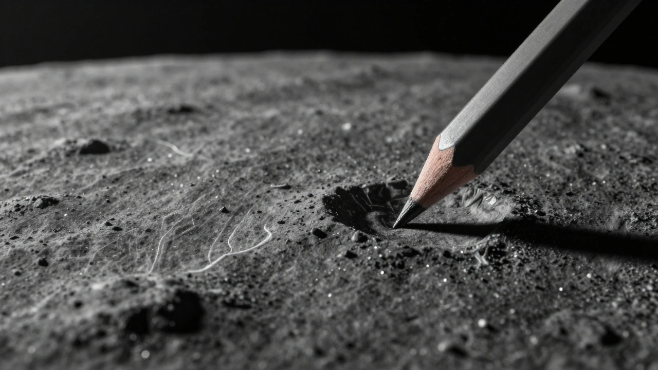 Close-up of pencil strokes creating lunar texture: regolith dots, rocky shadows, and impact melt patterns on dark paper.