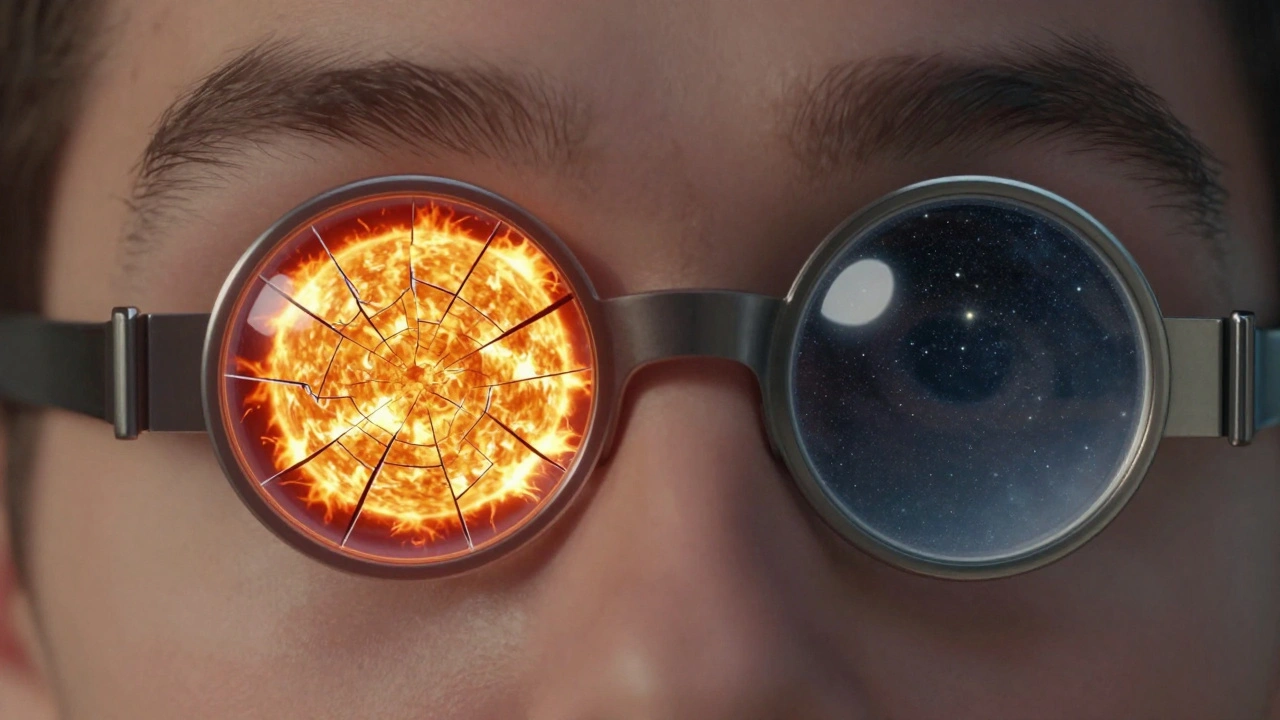 Contrasting image of damaged solar filter causing eye damage versus a safe, intact filter reflecting stars.