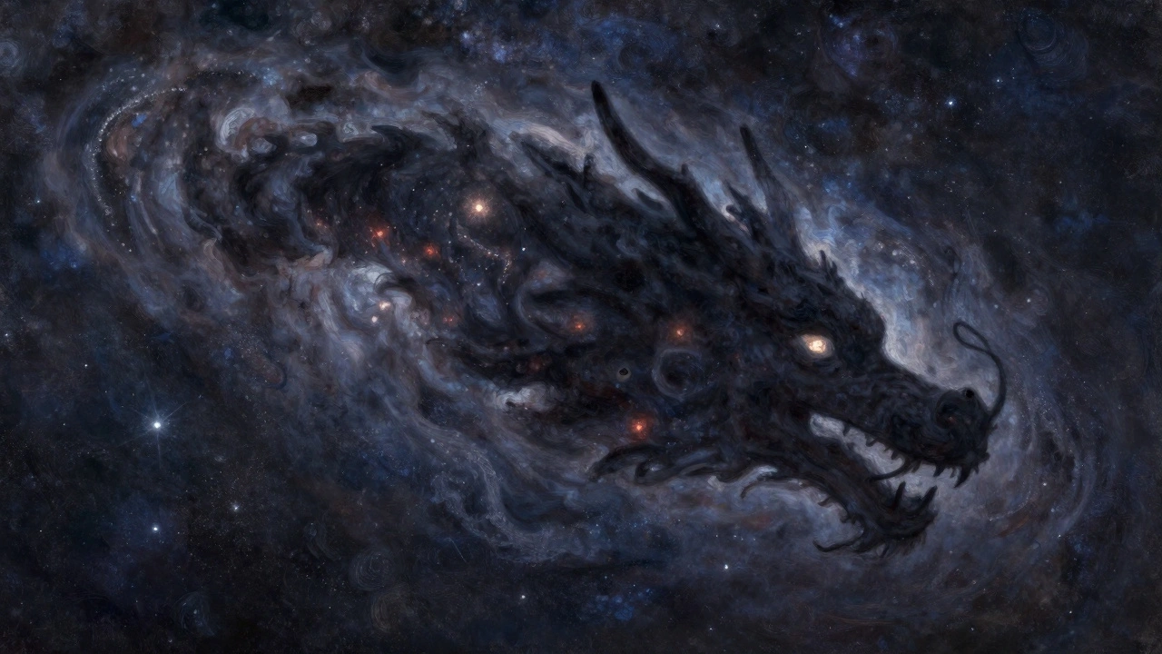 Cosmic dust cloud resembling a dragon’s head, with faint newborn stars glowing within its shadowy form.