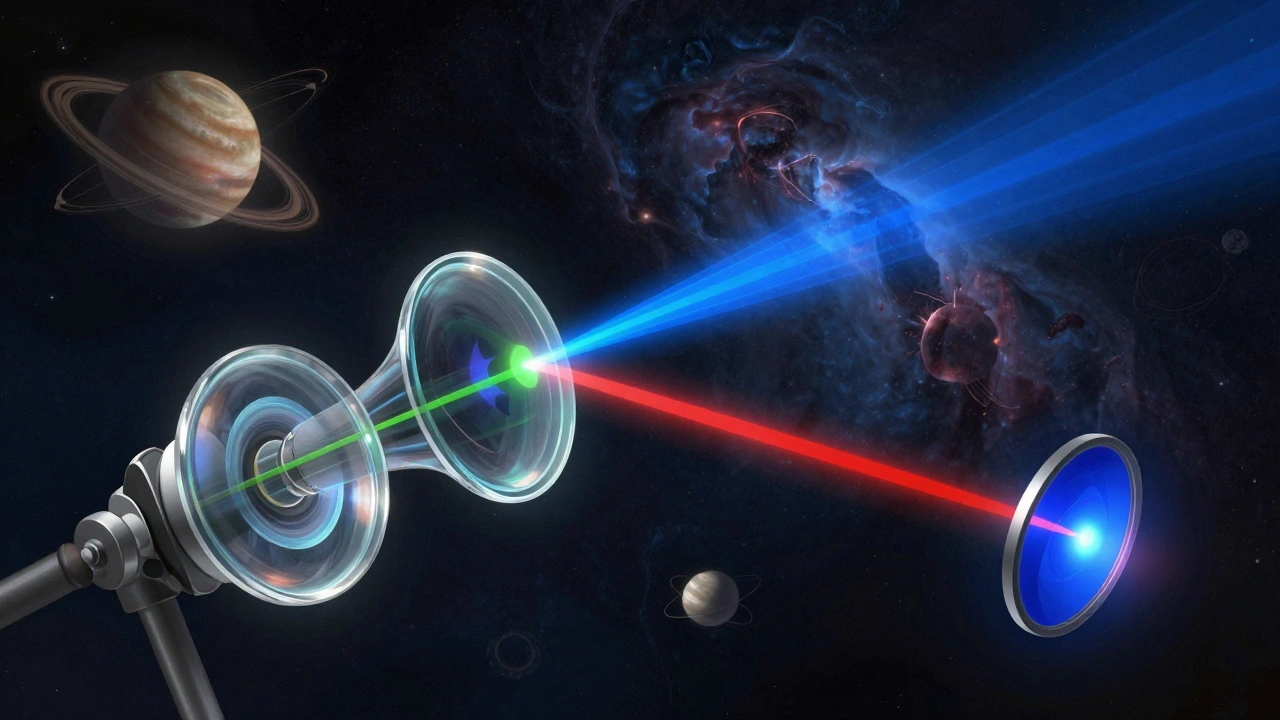 Cross-section of an APO triplet lens system showing red, green, and blue light rays focusing precisely together.