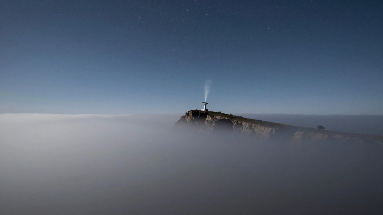 Cross-section of coastal atmosphere showing marine layer, inversion, and clear sky above a telescope.