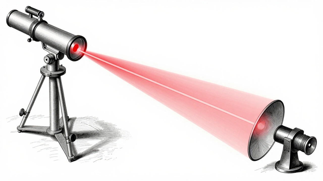 Cross-sectional diagram of a Newtonian telescope's optical path during Barlowed collimation, showing laser beam expansion, reflection, and centered shadow alignment.