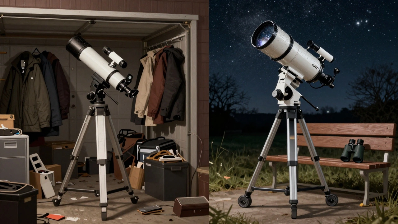 Neglected tabletop scope in garage vs. ready-to-use full-size telescope outdoors.