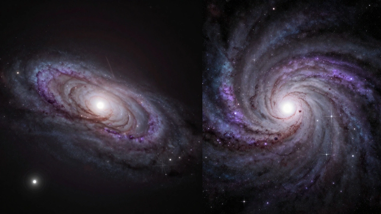 Side-by-side comparison of a blurred long exposure versus a sharp stacked short-exposure image of galaxy M32.