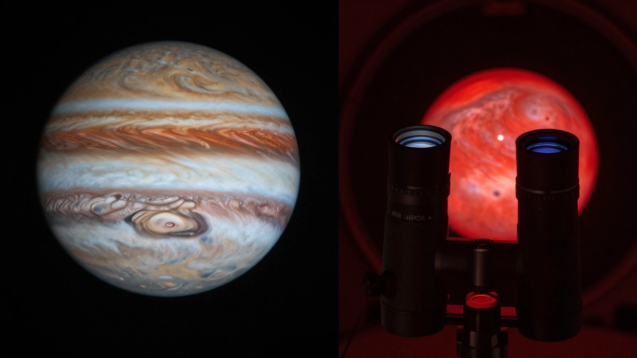 Side-by-side telescope views of Jupiter: one with color fringing, the other with sharp, high-contrast detail.
