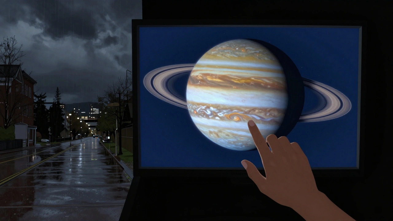Split-screen: real cloudy night versus simulated clear sky through a telescope in Stelvision, showing Jupiter and Saturn details with precise optical rendering.