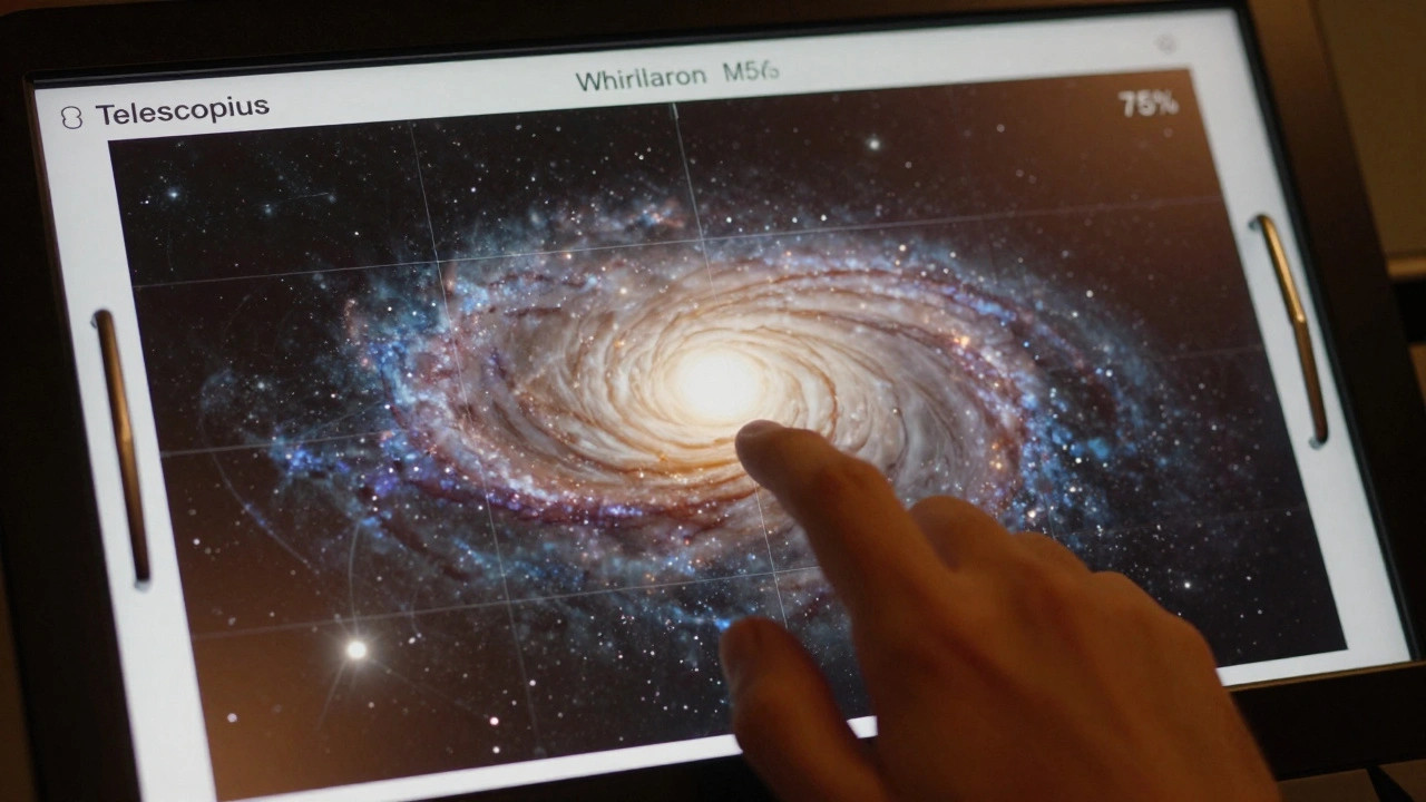 Telescopius software interface showing precise crop adjustments around the Whirlpool Galaxy with both spiral arms fully contained in the frame.