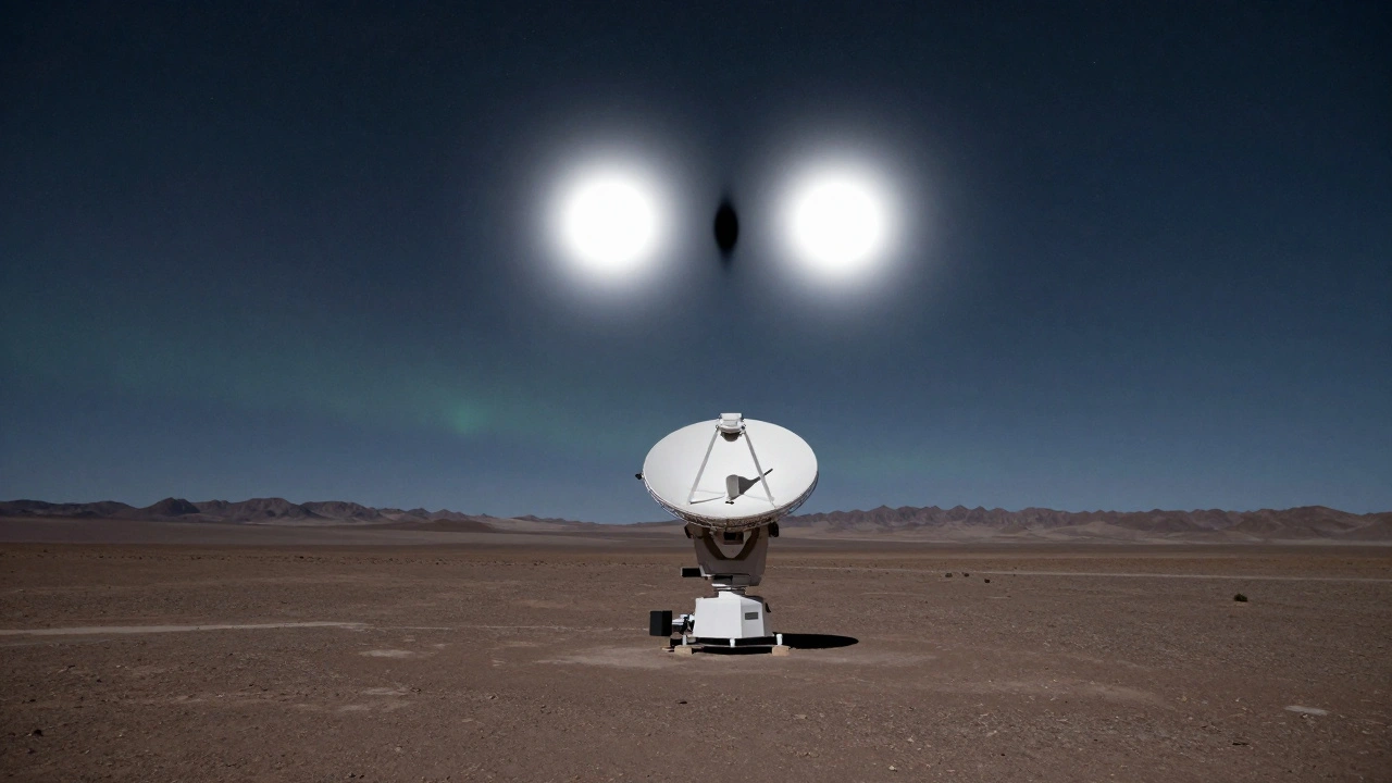 Two bright stars cleanly split by a black gap in the Atacama Desert, observed through a telescope under perfect atmospheric conditions.