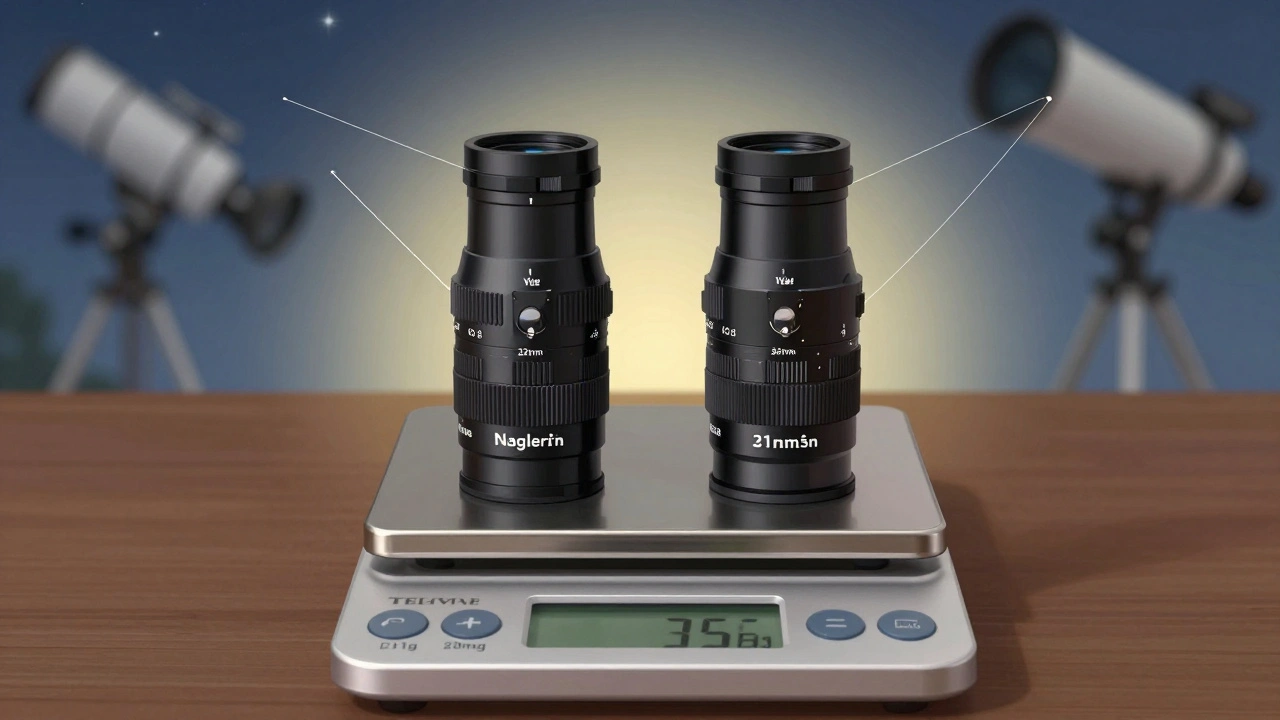Two identical Tele Vue eyepieces on a scale, both showing 215g weight, with optical paths leading to a binoviewer.