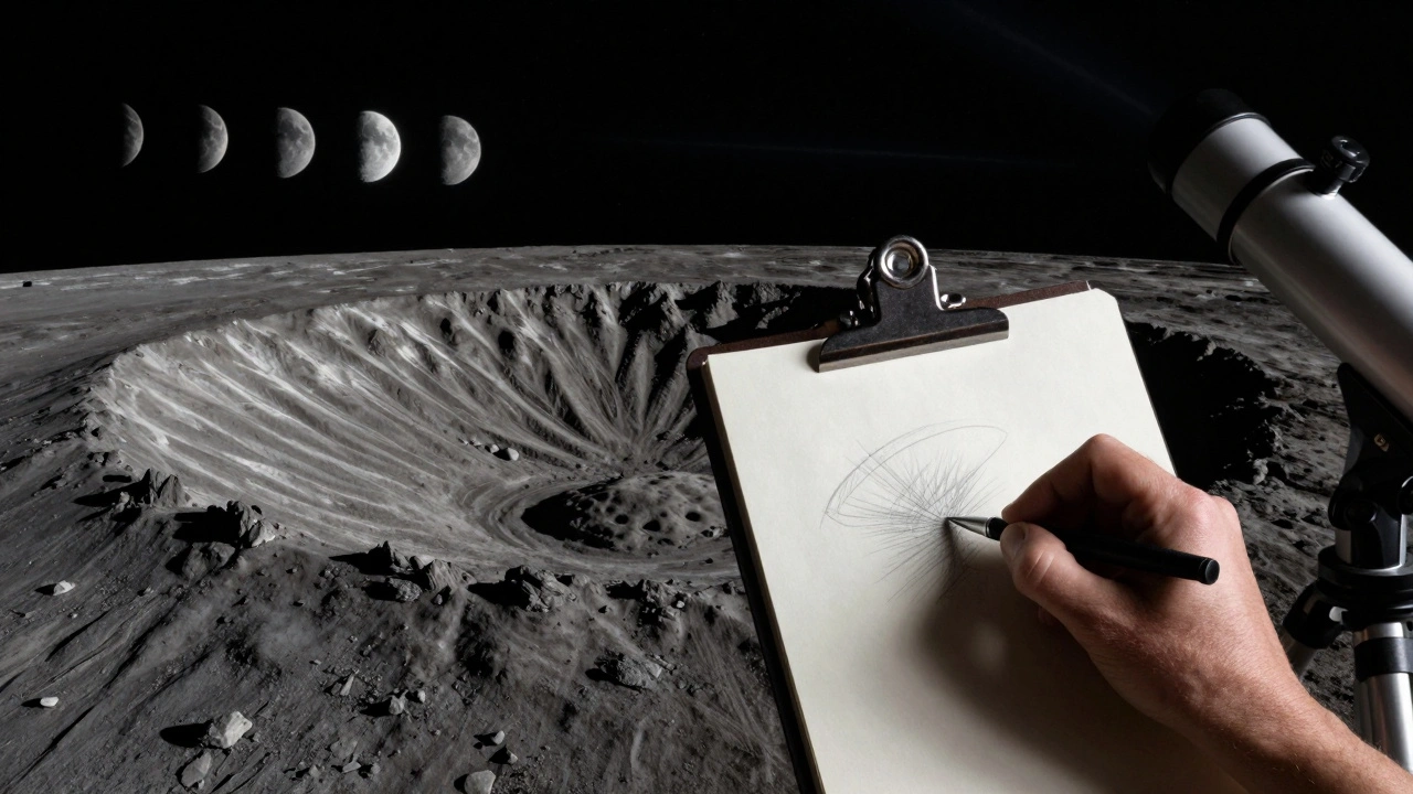 Tycho Crater with long shadows and rays, hand sketching details under starry sky, no digital tools in view.
