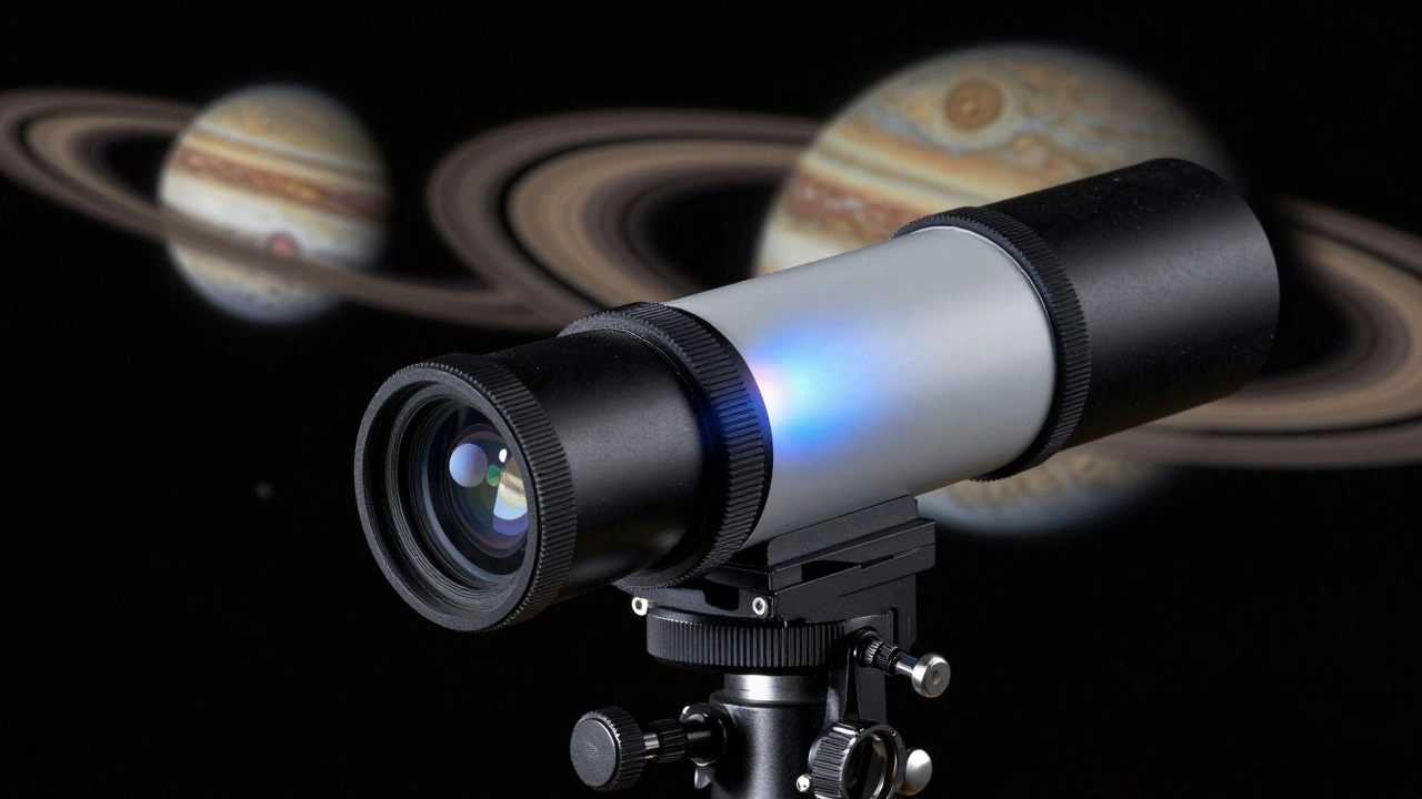 A 6mm Plossl eyepiece with Jupiter and its moons reflected in the lens, a blue filter glowing softly on the barrel.