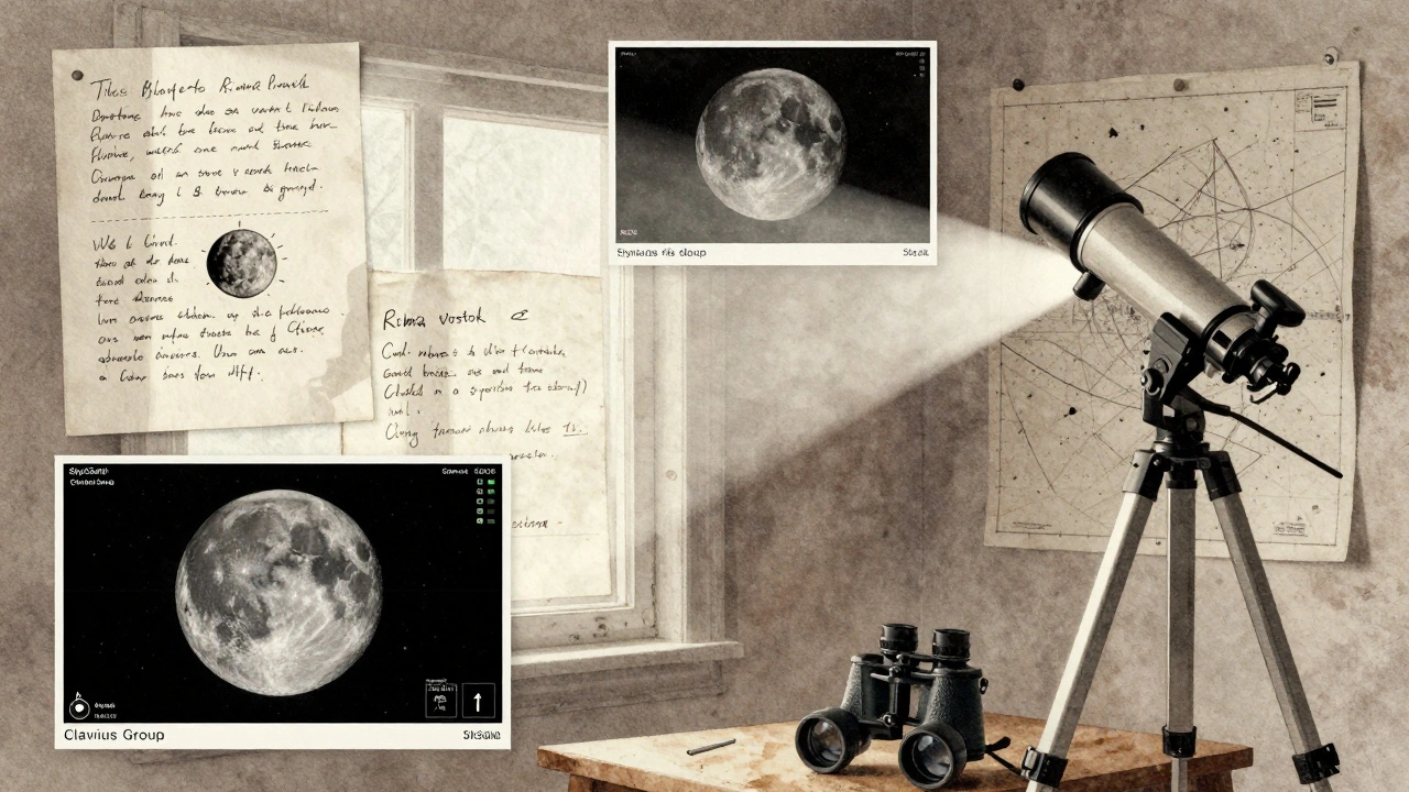 A collection of handwritten lunar observations, printed maps, and binoculars lit by moonlight on a wooden table.
