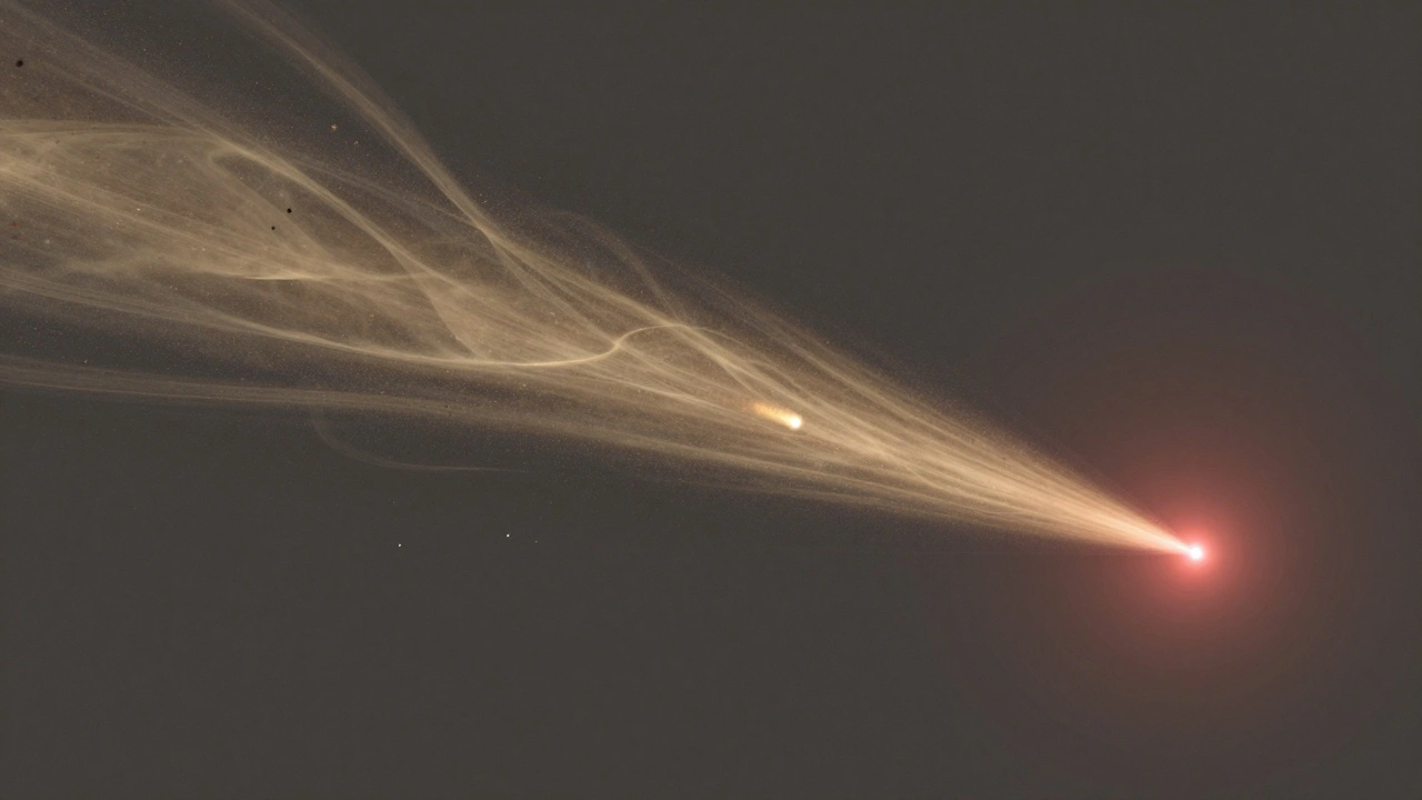 A cosmic debris ribbon intersecting Earth's orbit, with radiant position shifting over three nights, affecting meteor density.