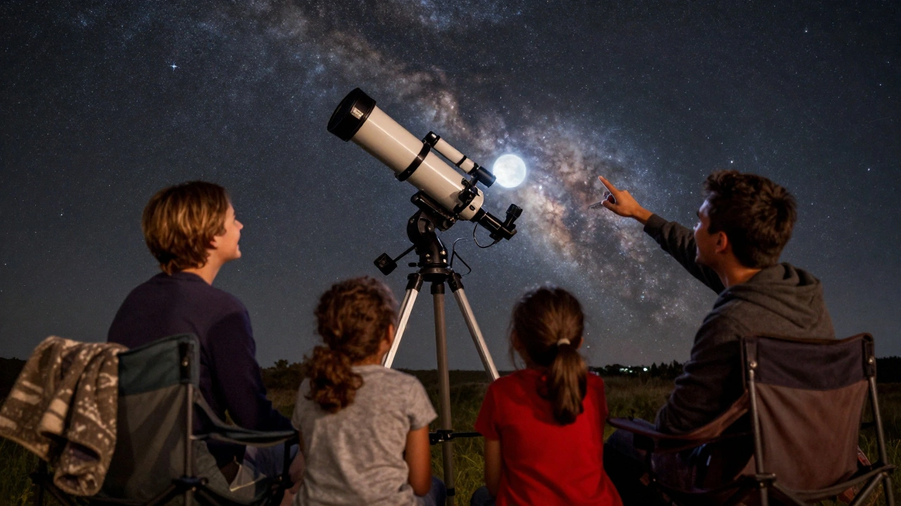 A family watching the Andromeda Galaxy through a GoTo Dobsonian telescope under a starry night sky.
