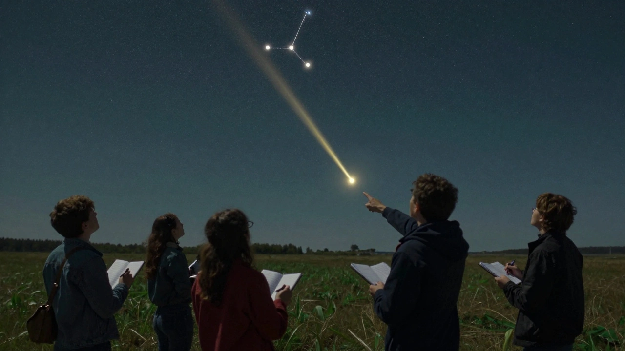 A group of amateur astronomers quietly recording meteors under a star-filled sky during the Geminids shower.