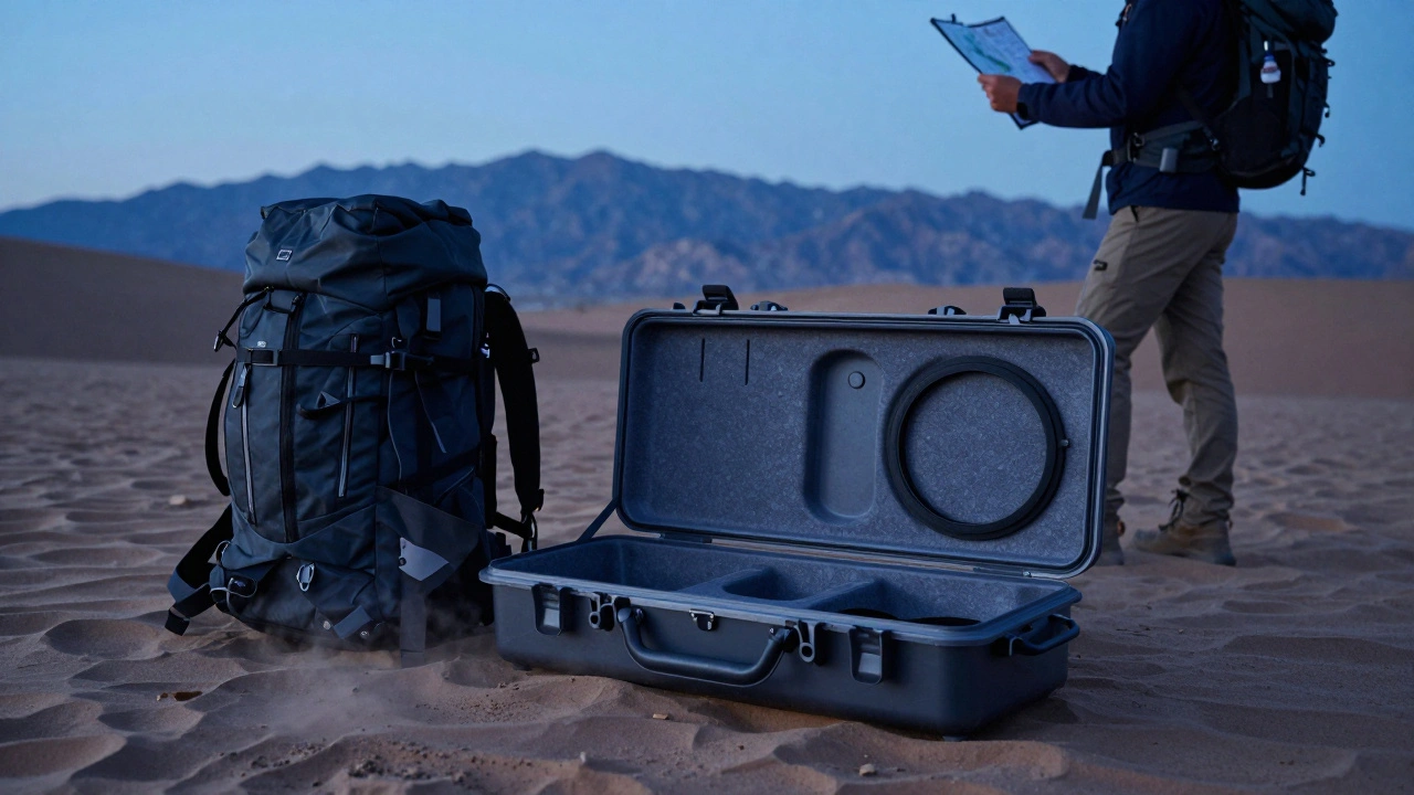 A hybrid telescope case with soft outer layer unzipped on desert sand, revealing the sealed hard shell beneath at dusk.