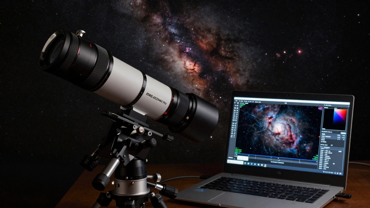 A narrowband Ha filter attached to an astronomy camera, with stacked data on a laptop showing the Orion Nebula’s structure.