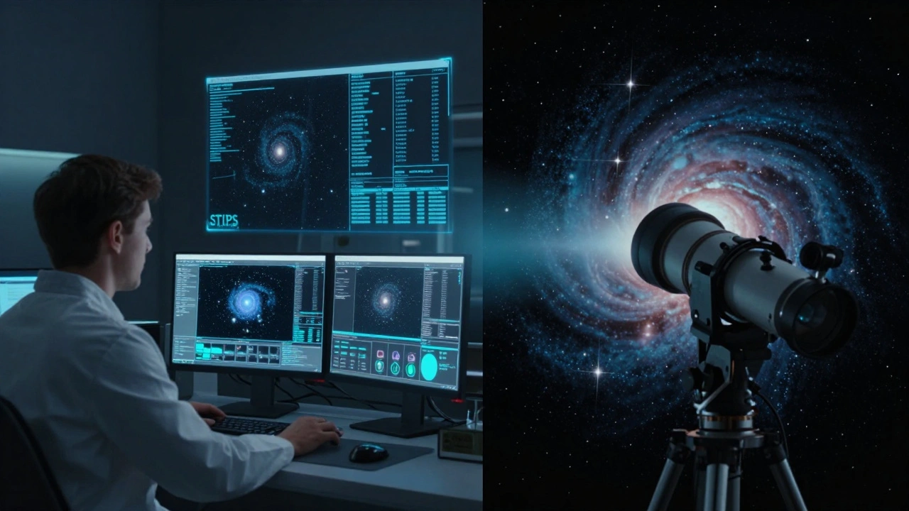 A scientist running simulation tools on a monitor, with simulated data transforming into a real cosmic image.