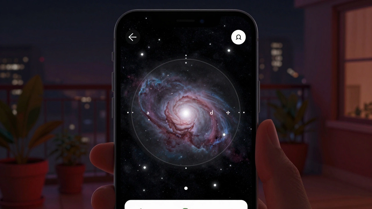 A smartphone screen displaying a planetarium app with the Orion Nebula and surrounding stars, viewed from a city balcony at night.