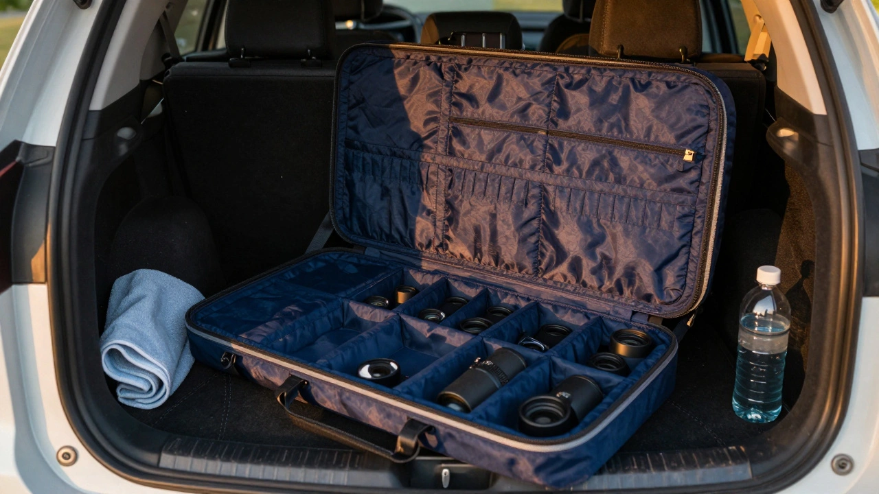 A soft padded telescope case open in an SUV, with organized gear and external pockets, illuminated by warm interior light.
