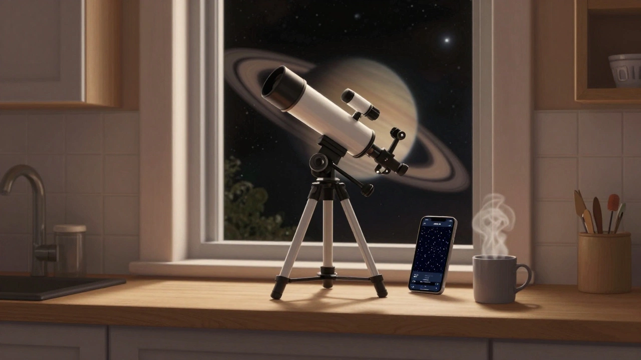 A tabletop Dobsonian telescope on a kitchen windowsill, viewing Saturn's rings through the window at night.