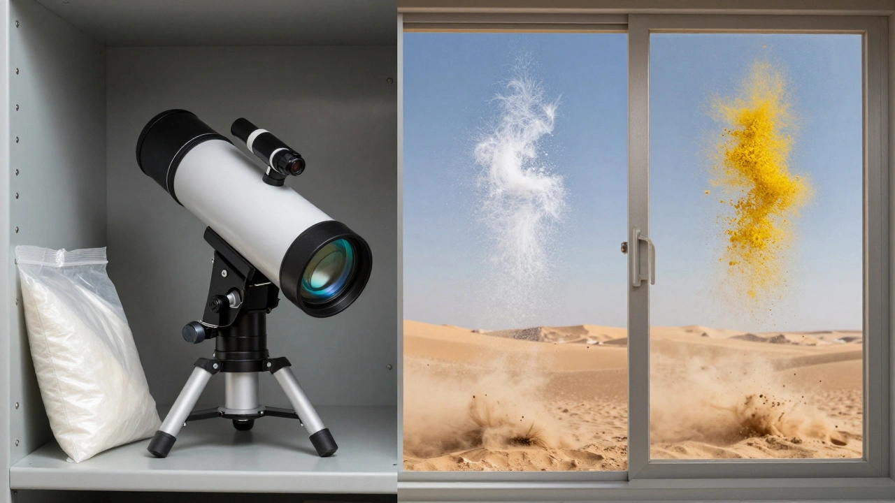 A telescope stored safely in a dry closet with silica gel packs, protected by a dust cap.