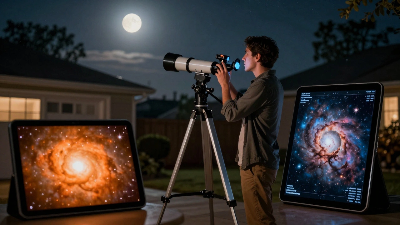 An amateur astronomer in their driveway studying the night sky, with a tablet displaying the transformation of their Orion Nebula image.