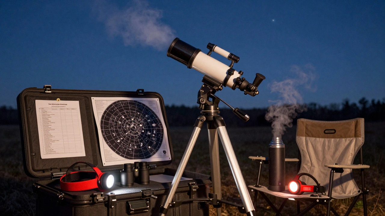 An organized stargazing setup with telescope, eyepieces, red light, and checklist on a chair under a star-filled sky.