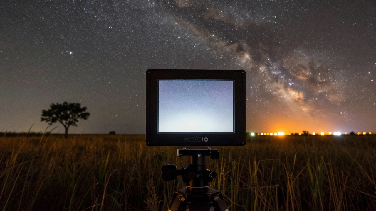 An SQC meter on a tripod capturing a full-sky light pollution map under a clear night with visible Milky Way.
