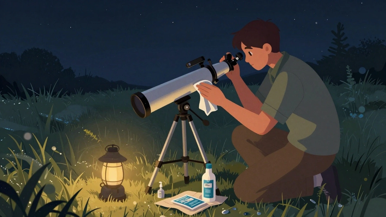Astronomer cleaning spider vanes with microfiber cloth at night.