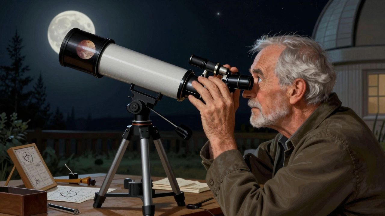 Astronomer observing Mars through an orthoscopic eyepiece under a starry night sky.