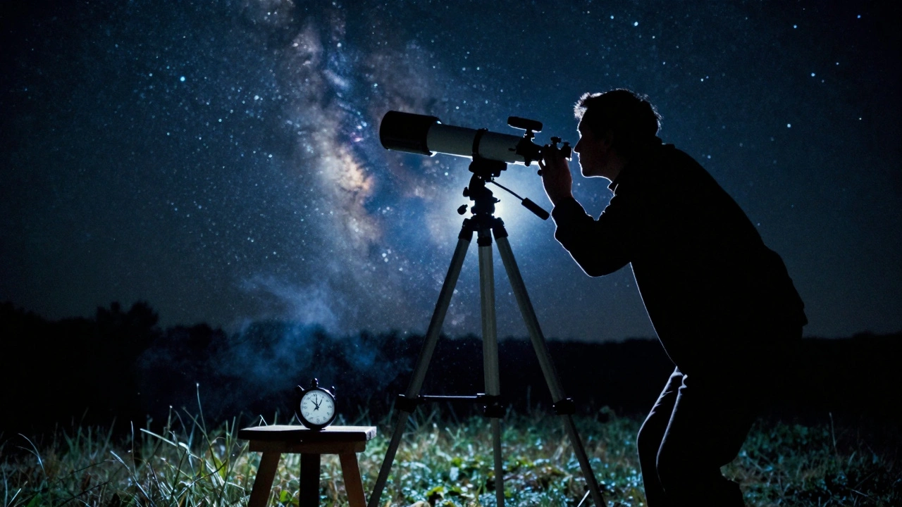 Astronomer using a refractor telescope and stopwatch at night
