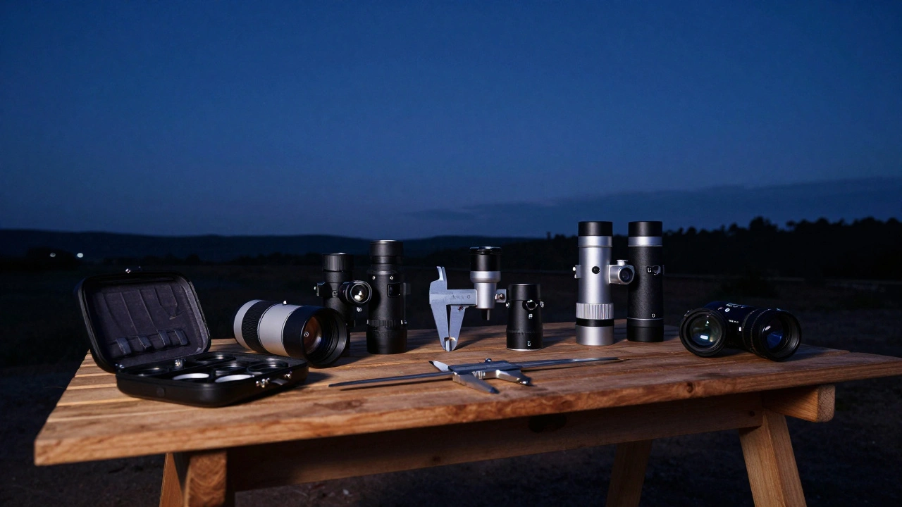 Astronomy gear arranged on a table under a starry sky.