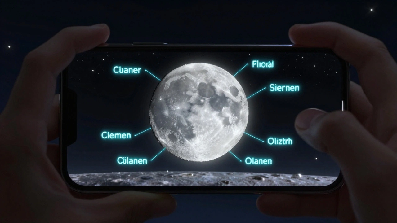 Augmented reality view on a smartphone screen displaying real-time lunar feature names overlaid on the Moon in the night sky.