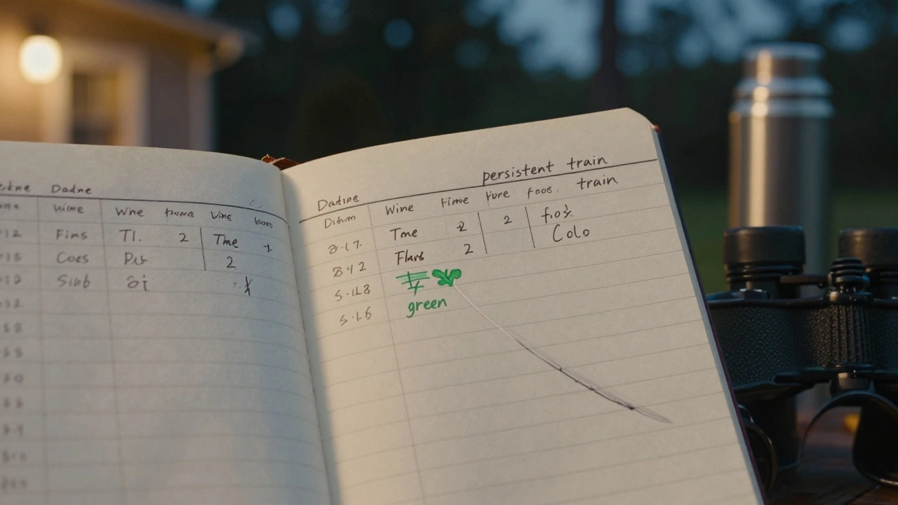 Close-up of a handwritten meteor observation log showing magnitude, speed, color, and a persistent train note.