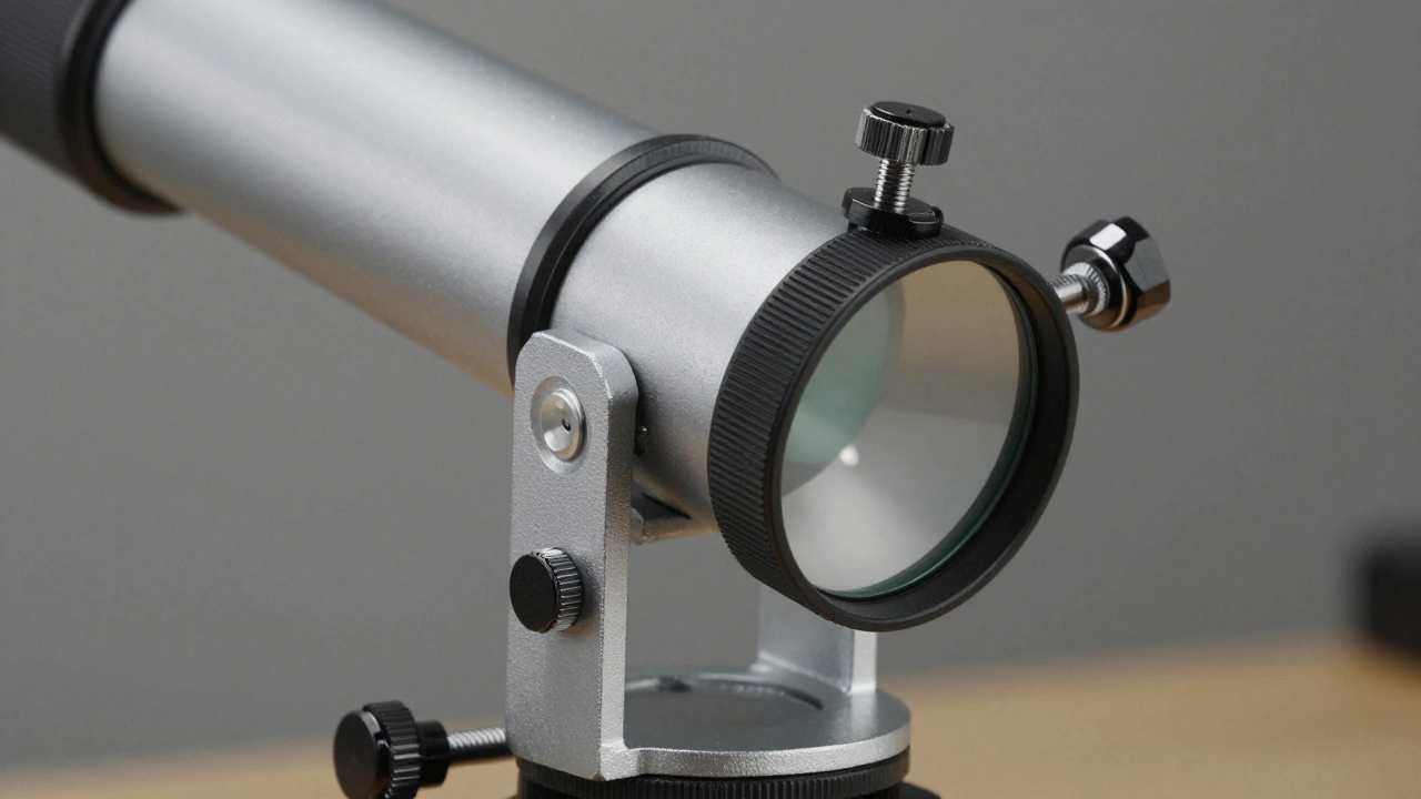 Close-up of telescope secondary mirror and adjustment hardware.