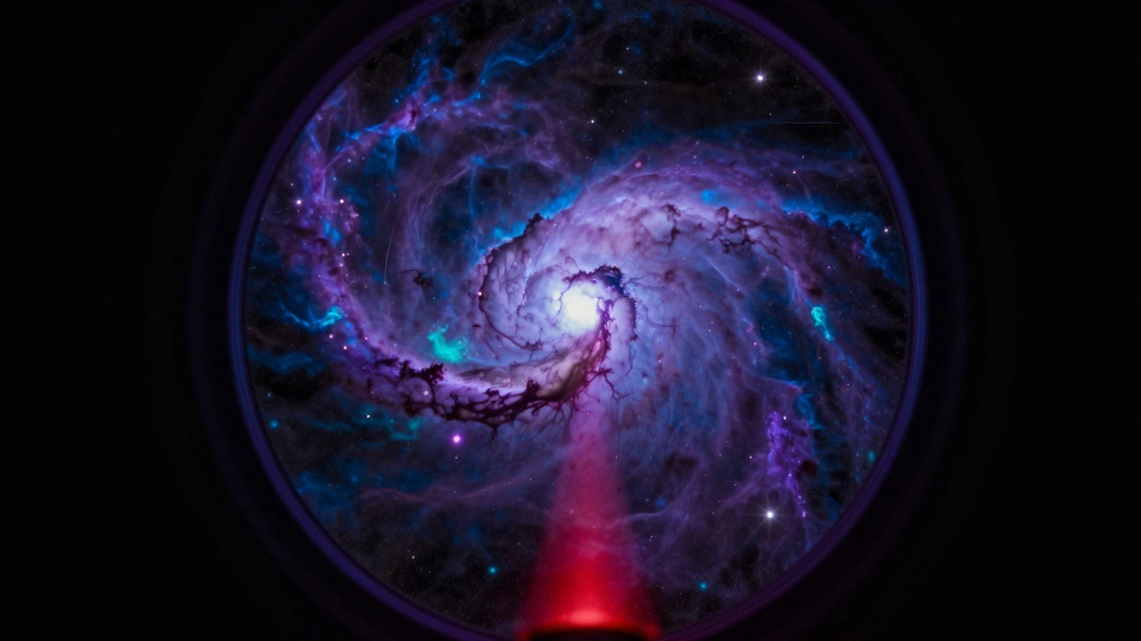 Close-up view of Orion Nebula through telescope eyepiece with vibrant colors.
