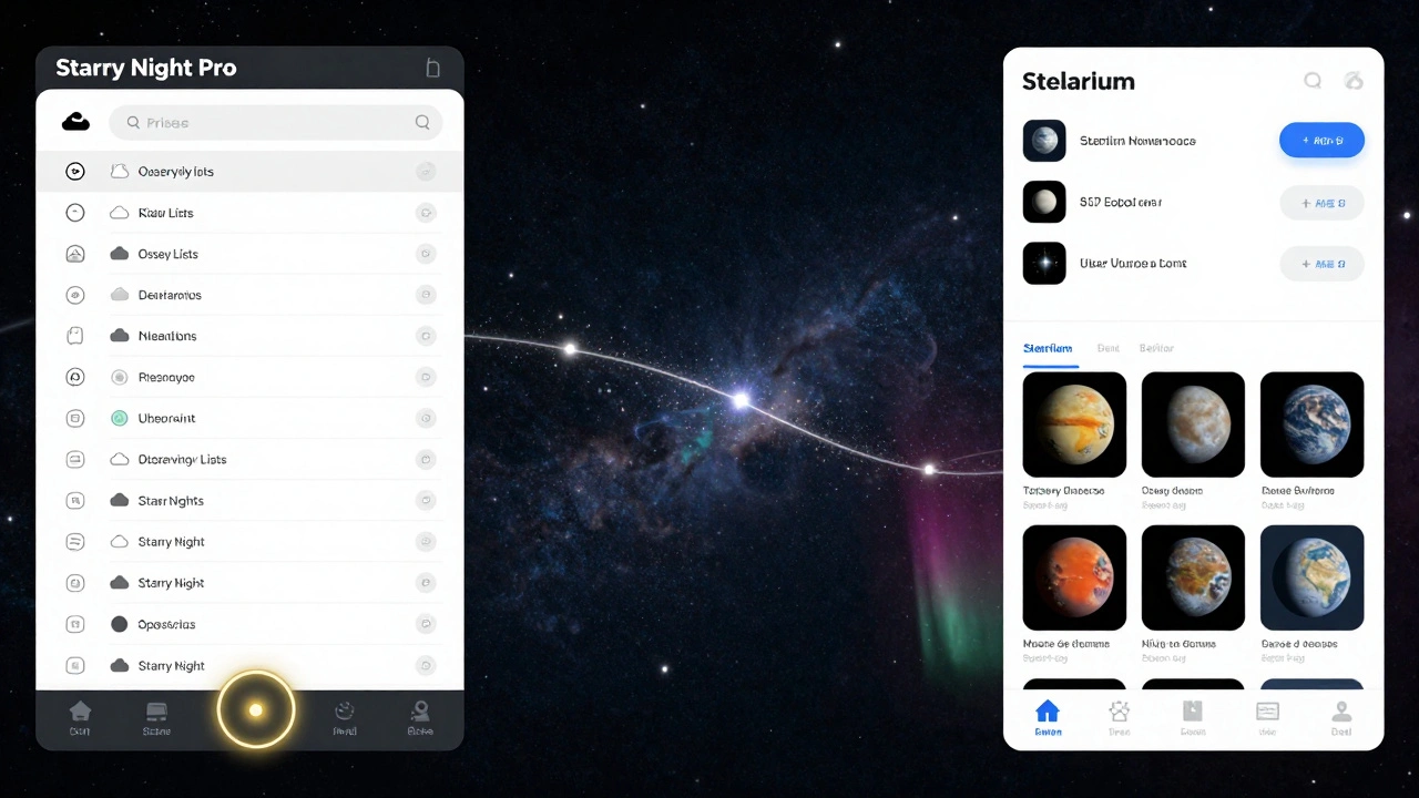 Conceptual comparison of Starry Night Pro and Stellarium interfaces, with glowing features and celestial views from different planets.